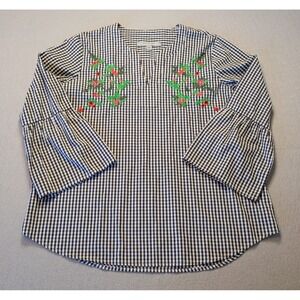 Marc New York Gingham Holiday Christmas Blouse Bell Sleeves‎ Embroidered Size L